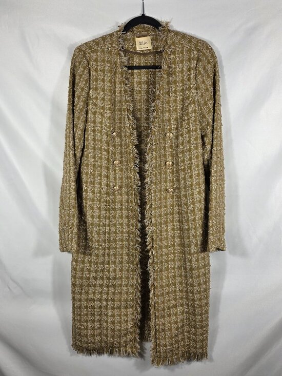 Elie Tahari Jackets & Blazers - Elie Tahari Sparkle Desert Plaid Tweed Long Blazer Size Medium Ivory & Tan Plaid